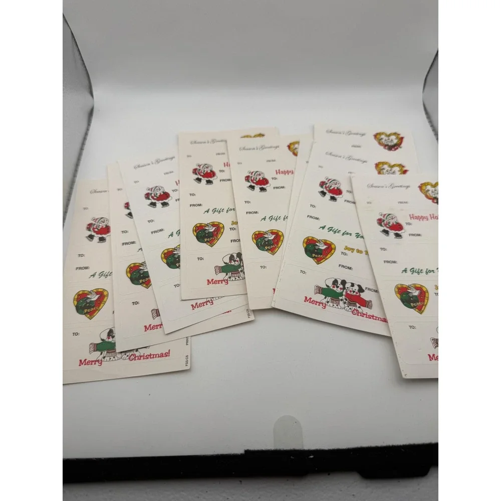 Vintage Christmas Gift Tag Sticker Sheets Santa Puppies Holiday Labels 7 Sheets